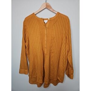 J.Jill Top Women L Mustard Yellow Popover Swiss Dot Pintuck Tunic Boho Hippie